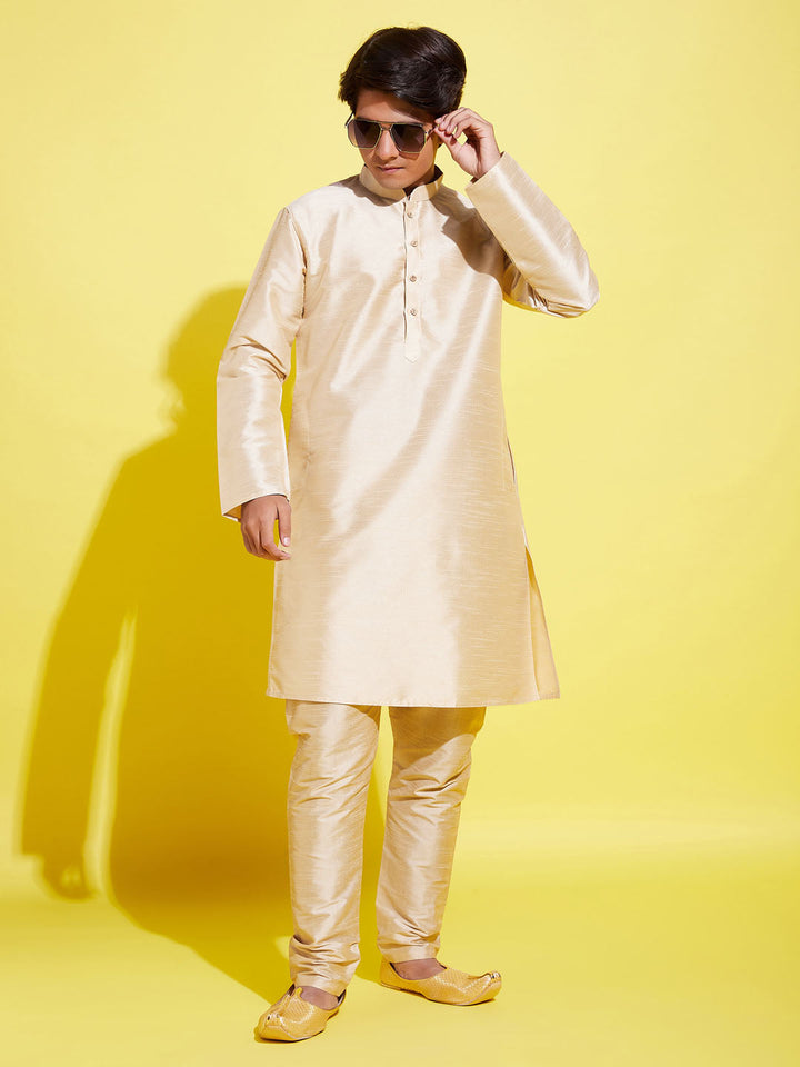 VASTRAMAY Boys' Gold Silk Blend Kurta and Pyjama Set - qivii