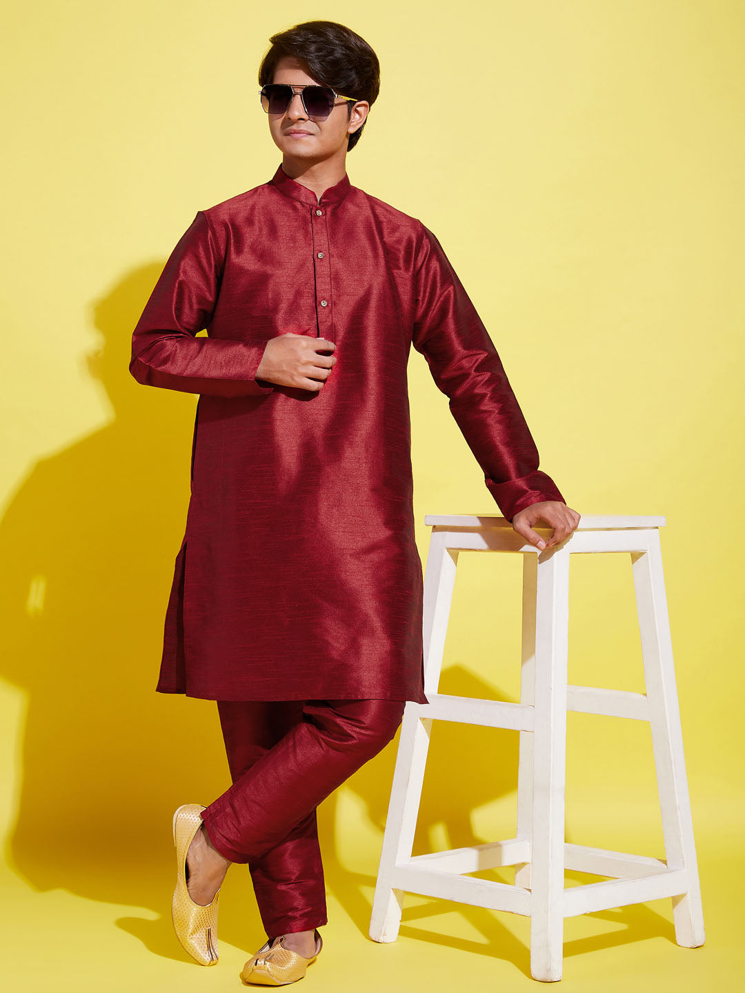 VASTRAMAY Boys' Maroon Silk Blend Kurta and Pyjama Set - qivii