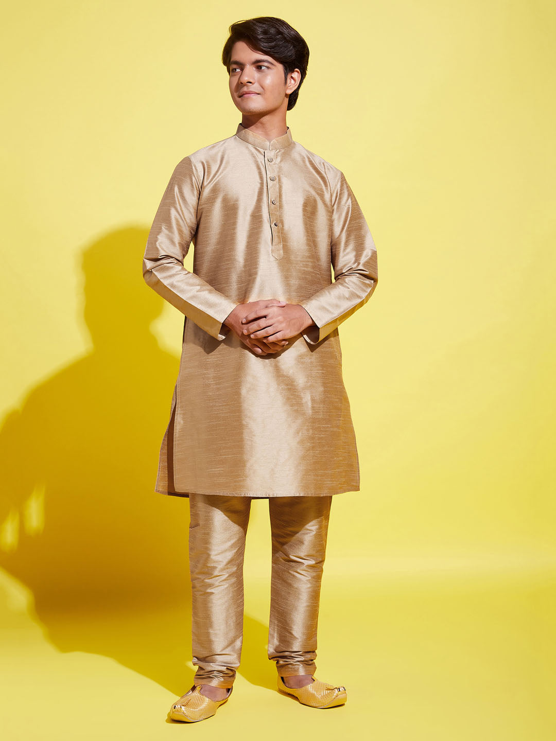 VASTRAMAY Boys' Rose Gold Silk Blend Kurta and Pyjama Set - qivii