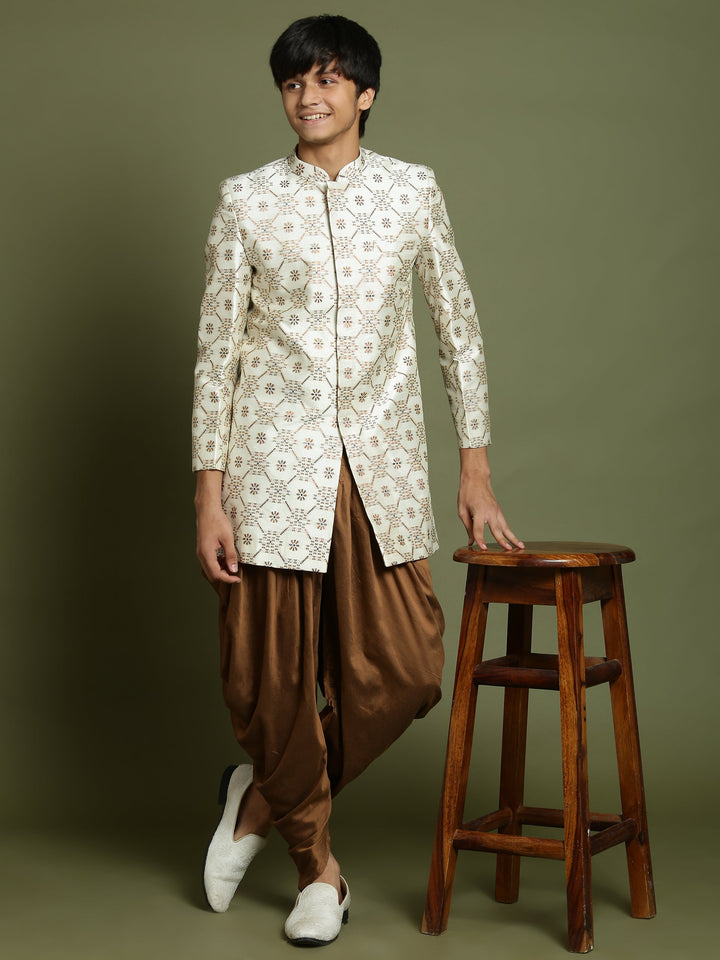 VASTRAMAY Boys Beige And Coffee jacquard Sherwani Set - qivii
