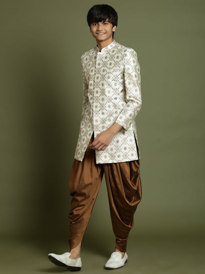 VASTRAMAY Boys Beige And Coffee jacquard Sherwani Set - qivii