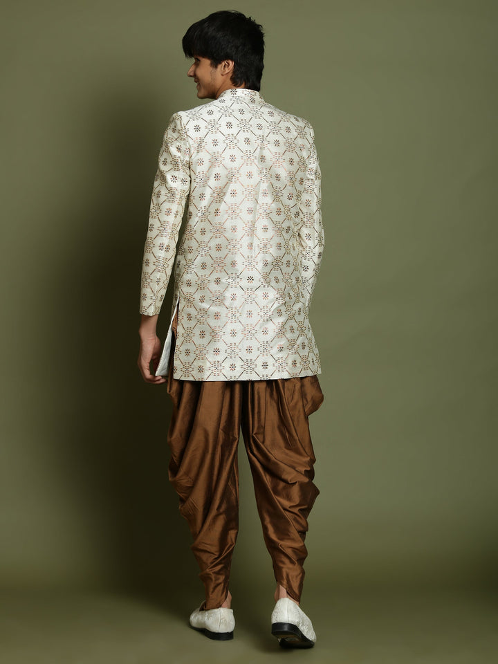 VASTRAMAY Boys Beige And Coffee jacquard Sherwani Set - qivii