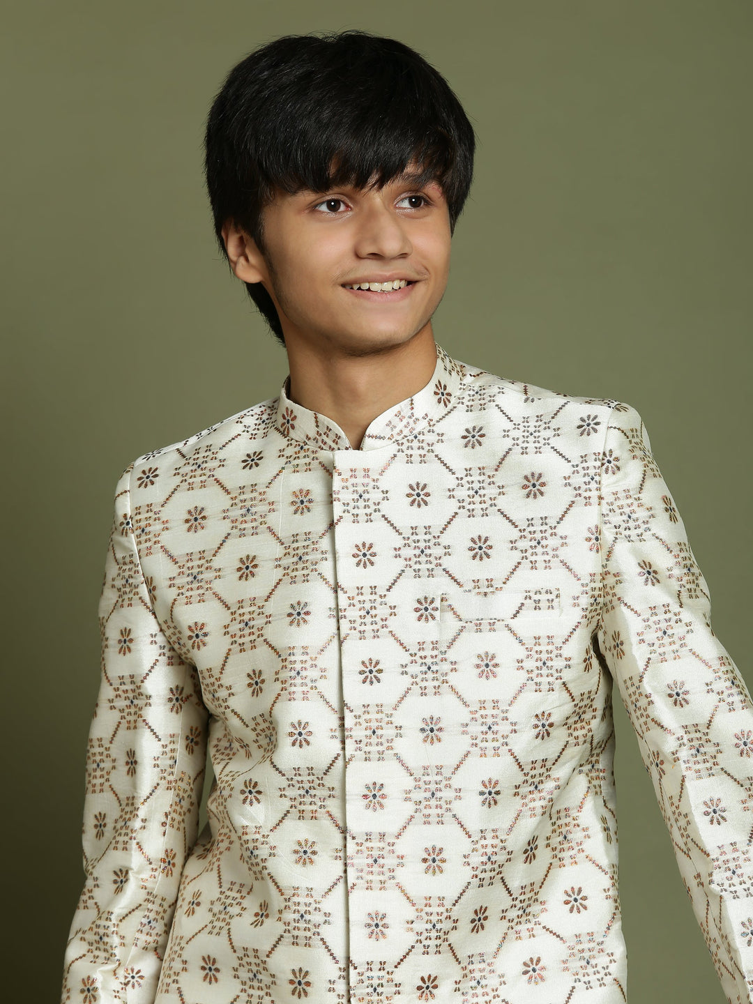 VASTRAMAY Boys Beige And Coffee jacquard Sherwani Set - qivii