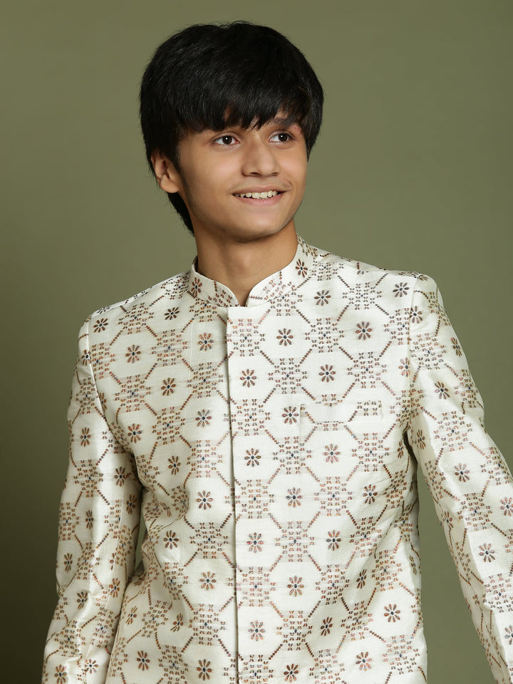 VASTRAMAY Boys Beige And Coffee jacquard Sherwani Set - qivii