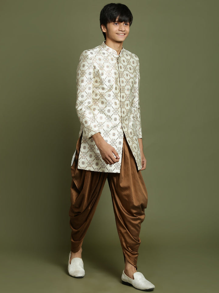 VASTRAMAY Boys Beige And Coffee jacquard Sherwani Set - qivii