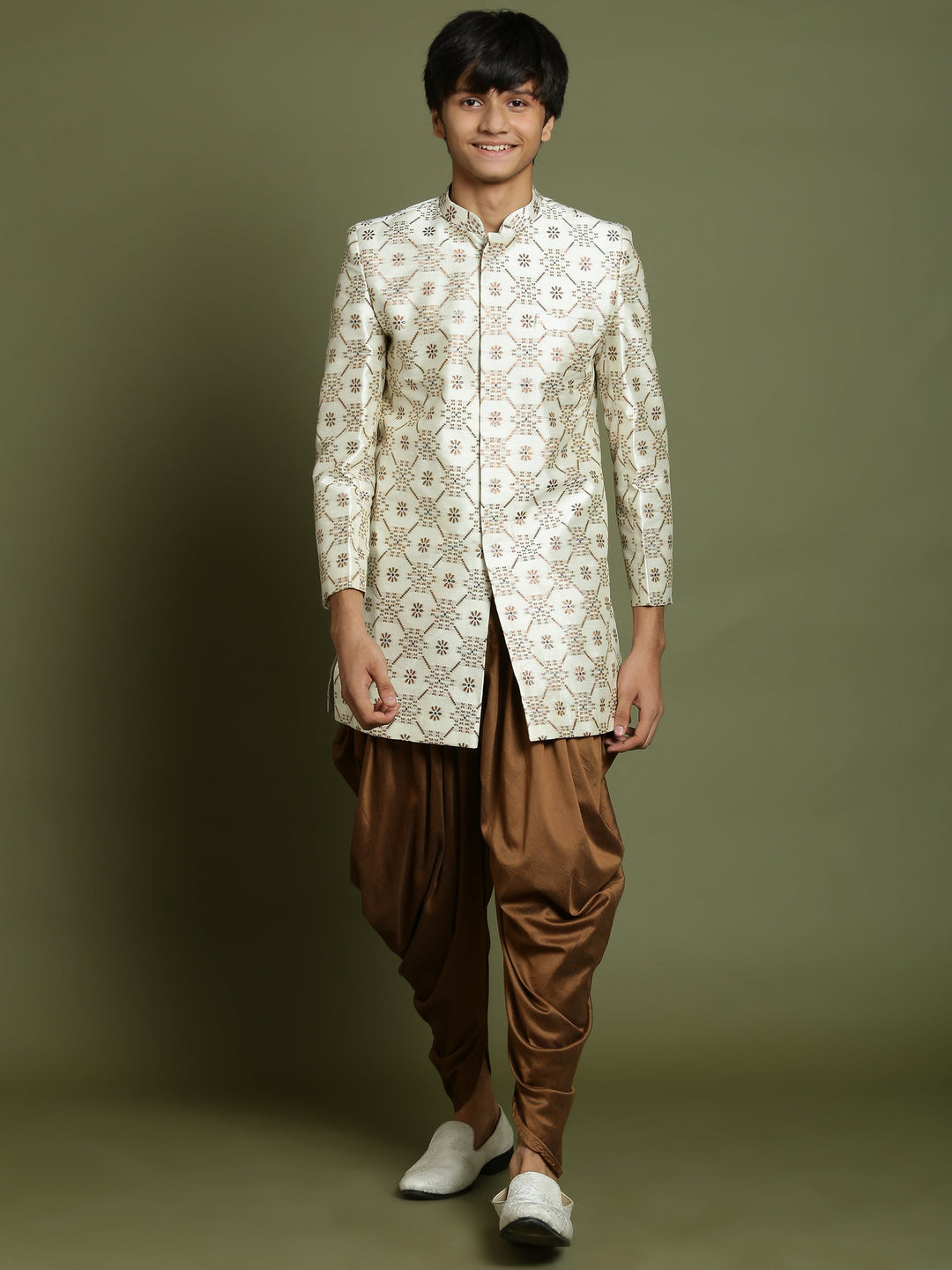 VASTRAMAY Boys Beige And Coffee jacquard Sherwani Set - qivii