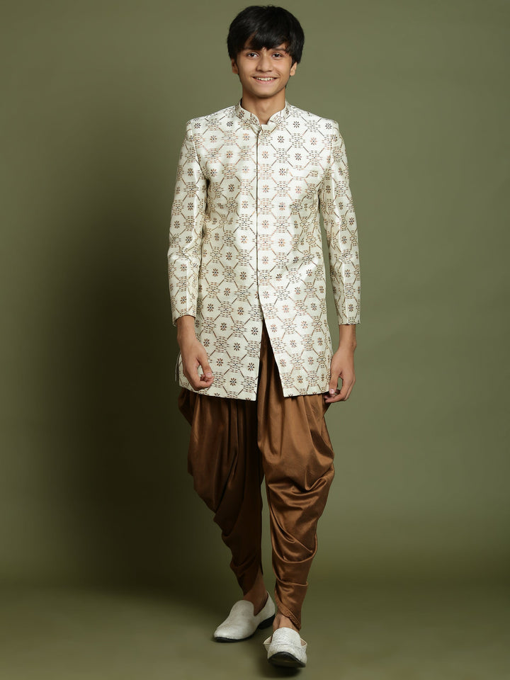 VASTRAMAY Boys Beige And Coffee jacquard Sherwani Set - qivii