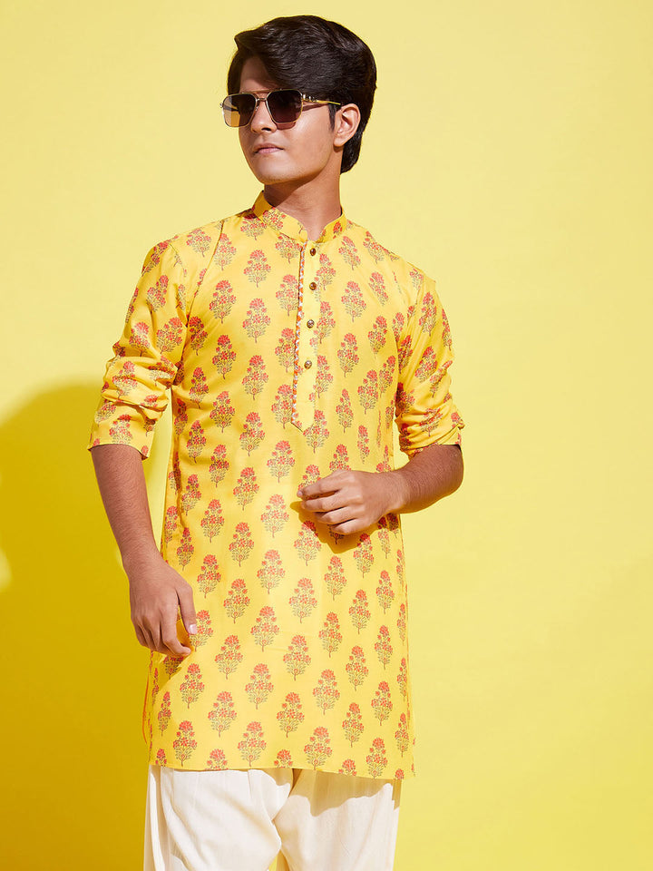 VASTRAMAY Boy's Orange Multi Color Printed Cotton Blend Kurta - qivii