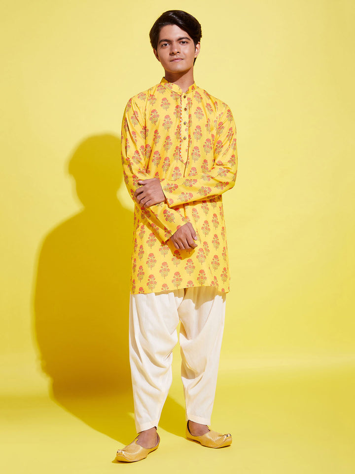 VASTRAMAY Boys' Multicolor-Base-Mustard And Cream Kurta Patiala Set - qivii