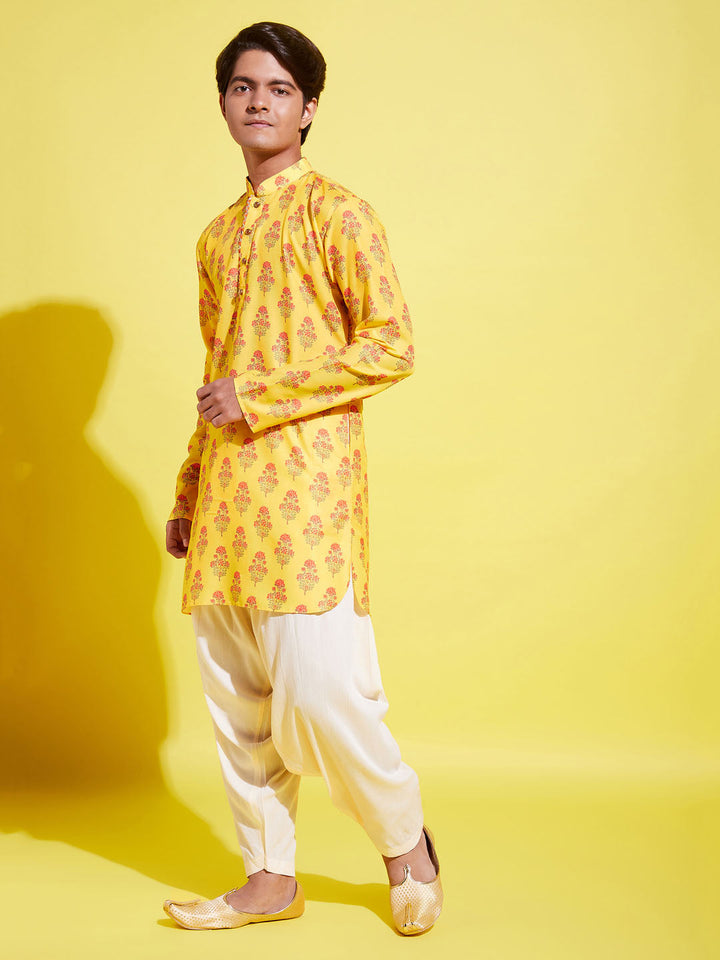 VASTRAMAY Boys' Multicolor-Base-Mustard And Cream Kurta Patiala Set - qivii