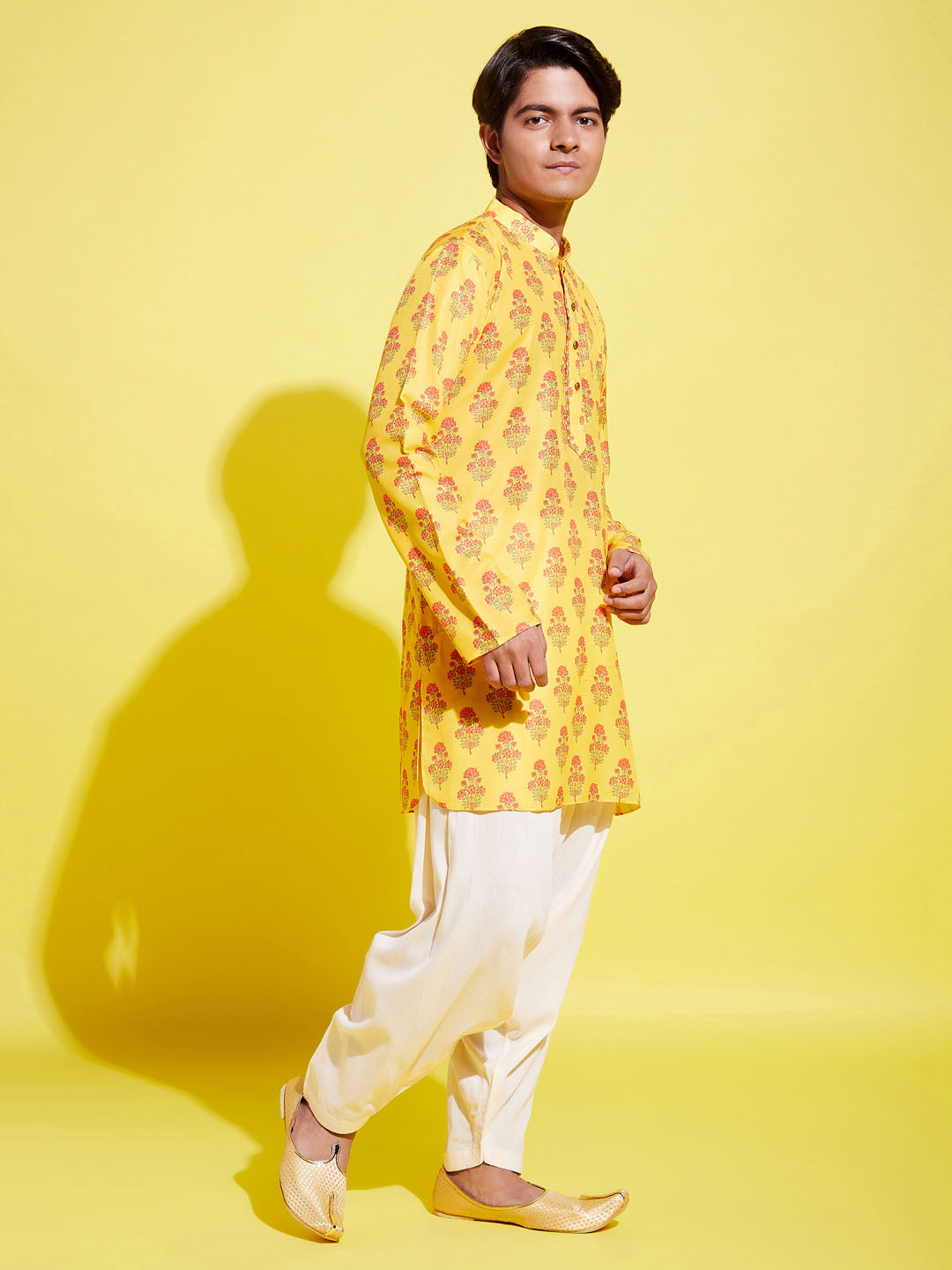 VASTRAMAY Boys' Multicolor-Base-Mustard And Cream Kurta Patiala Set - qivii