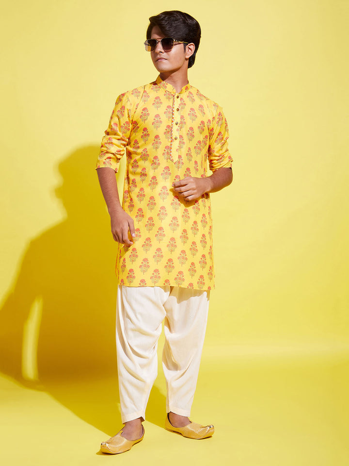 VASTRAMAY Boys' Multicolor-Base-Mustard And Cream Kurta Patiala Set - qivii