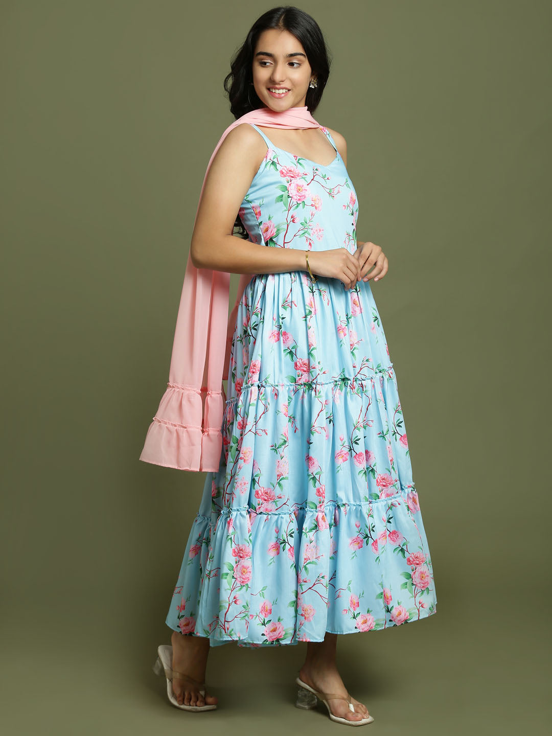 Yuva By VASTRAMAY Girl's Aqua Floral Print Anarkali With Pink Dupatta - qivii