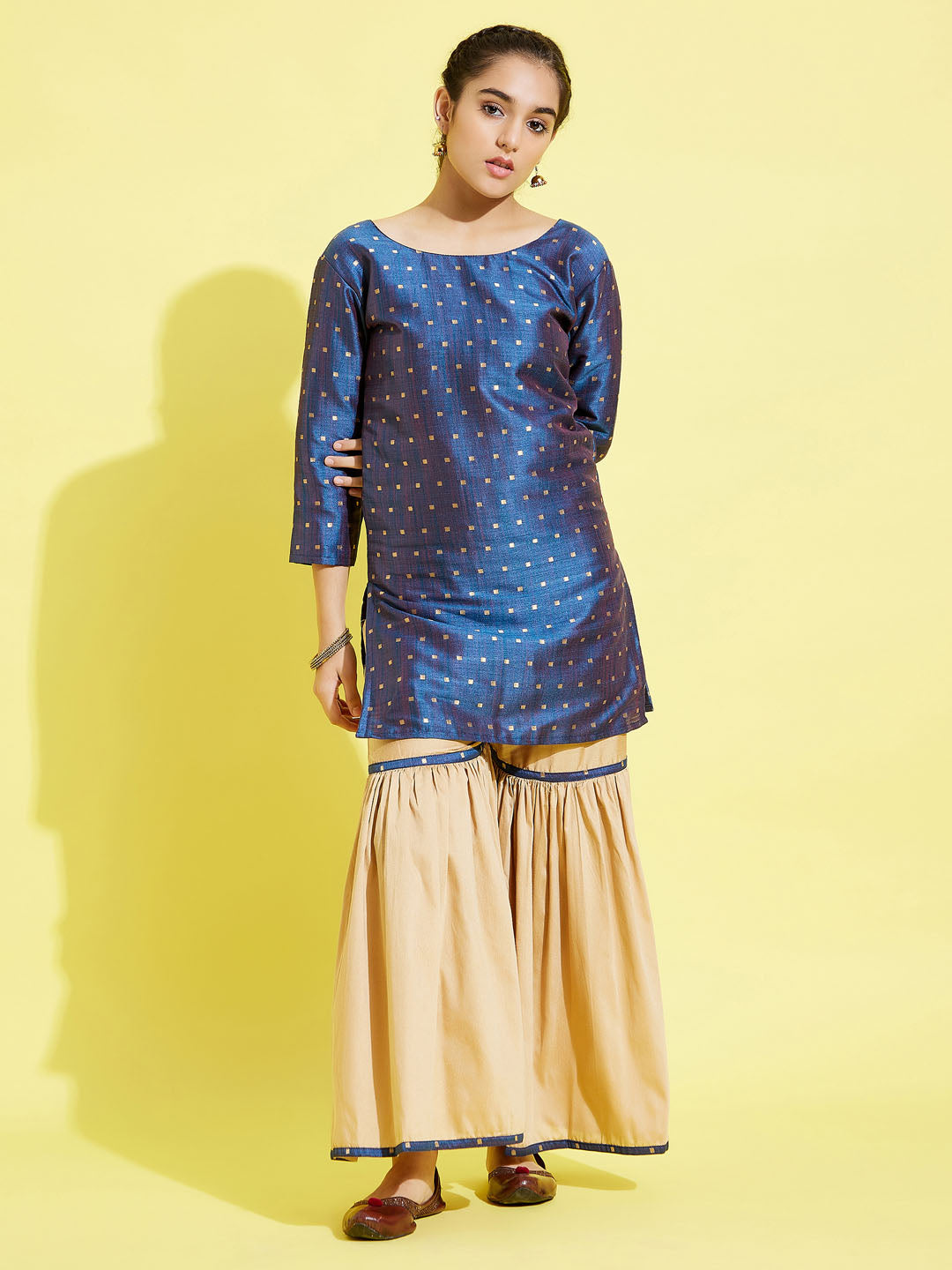 VASTRAMAY Girls' Blue Zari Kurta And Rose Gold Sharara Set - qivii