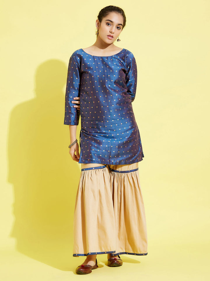 VASTRAMAY Girls' Blue Zari Kurta And Rose Gold Sharara Set - qivii