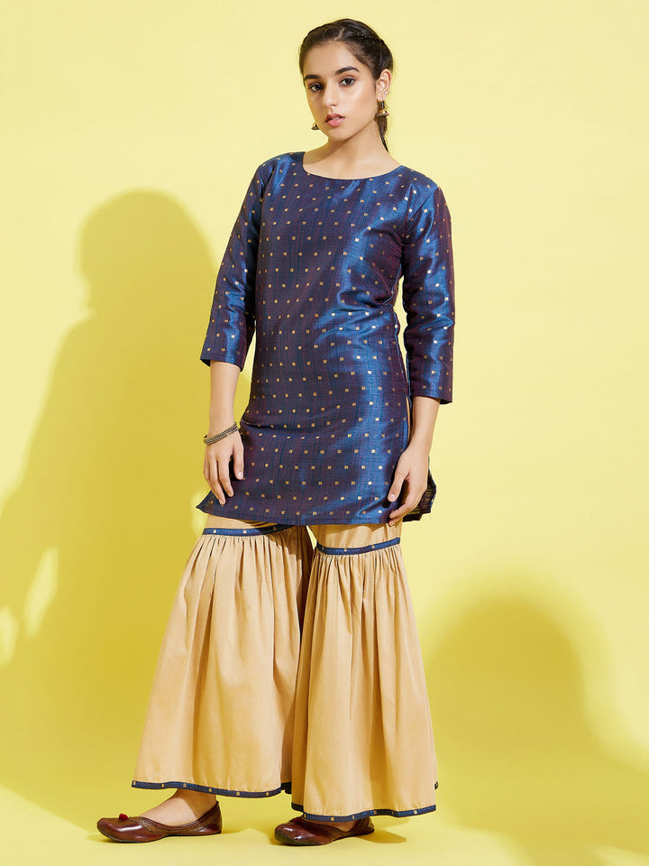 VASTRAMAY Girls' Blue Zari Kurta And Rose Gold Sharara Set - qivii
