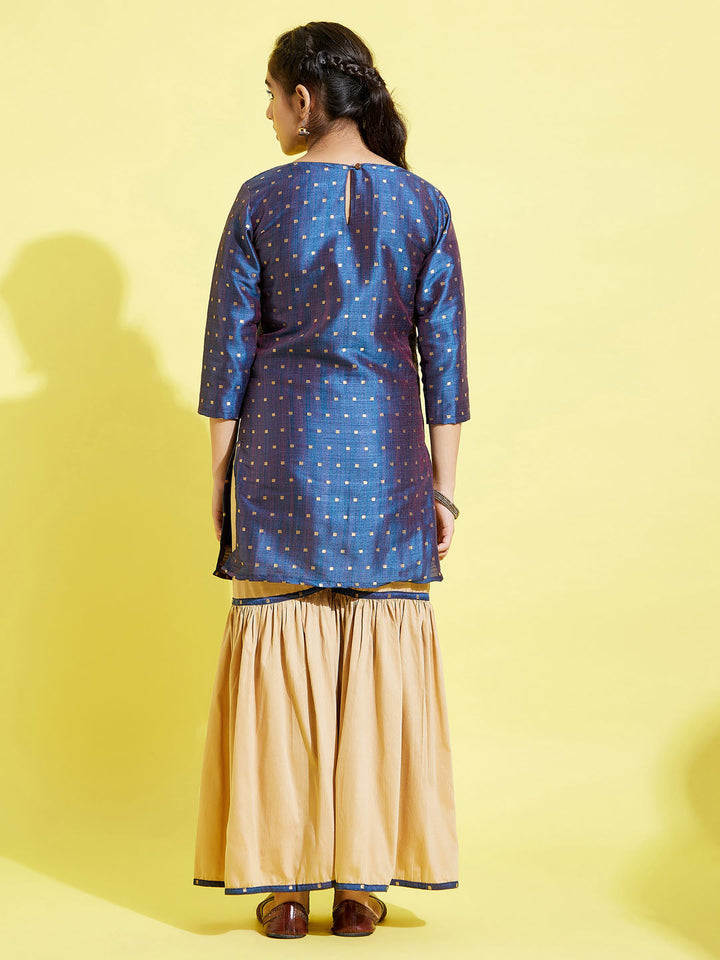 VASTRAMAY Girls' Blue Zari Kurta And Rose Gold Sharara Set - qivii