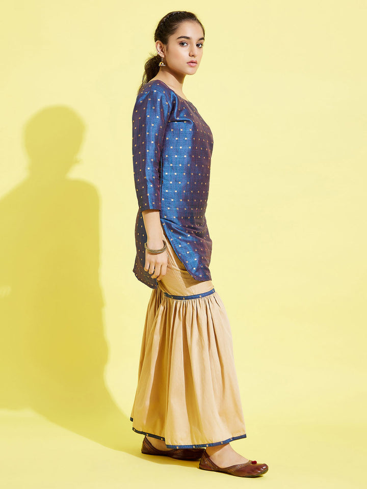 VASTRAMAY Girls' Blue Zari Kurta And Rose Gold Sharara Set - qivii