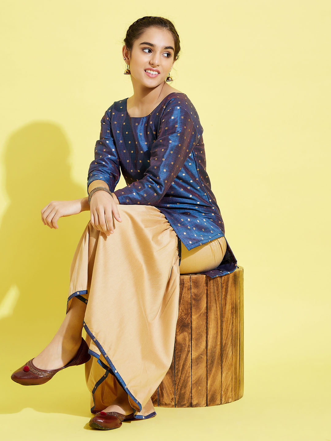 VASTRAMAY Girls' Blue Zari Kurta And Rose Gold Sharara Set - qivii