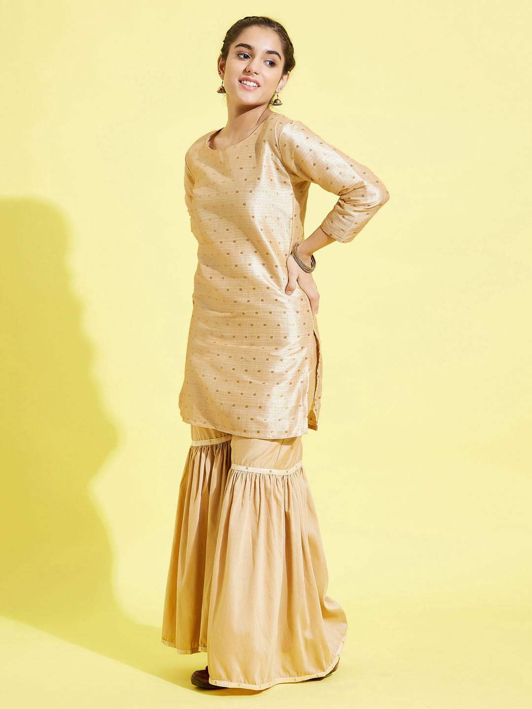 VASTRAMAY Girls' Gold Zari Kurta And Rose Gold Sharara Set - qivii