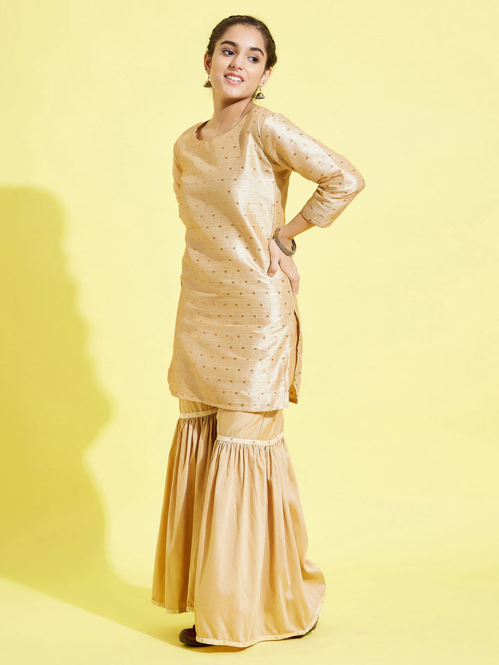 VASTRAMAY Girls' Gold Zari Kurta And Rose Gold Sharara Set - qivii