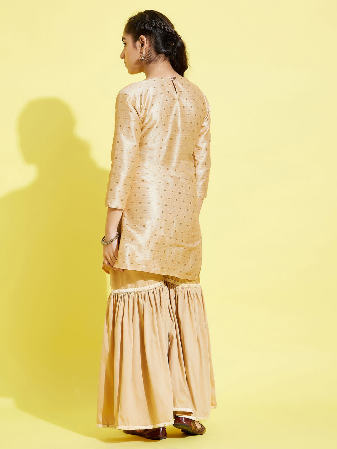 VASTRAMAY Girls' Gold Zari Kurta And Rose Gold Sharara Set - qivii