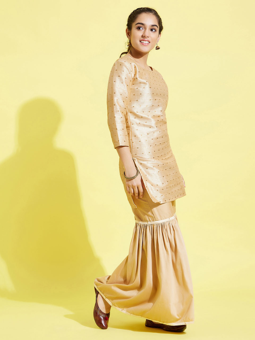 VASTRAMAY Girls' Gold Zari Kurta And Rose Gold Sharara Set - qivii