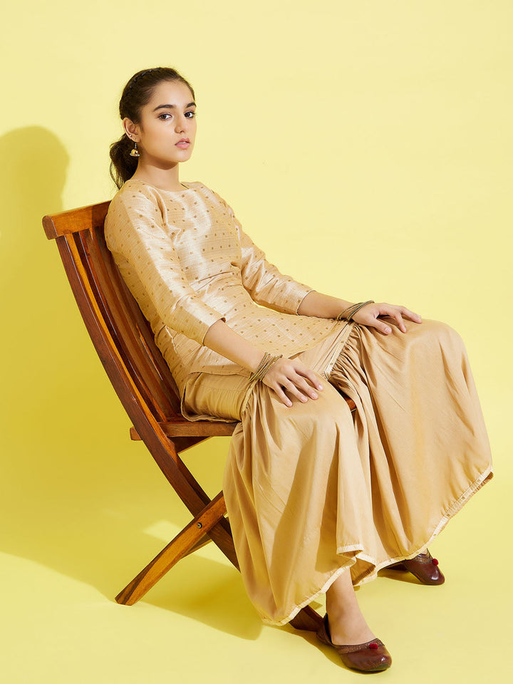 VASTRAMAY Girls' Gold Zari Kurta And Rose Gold Sharara Set - qivii