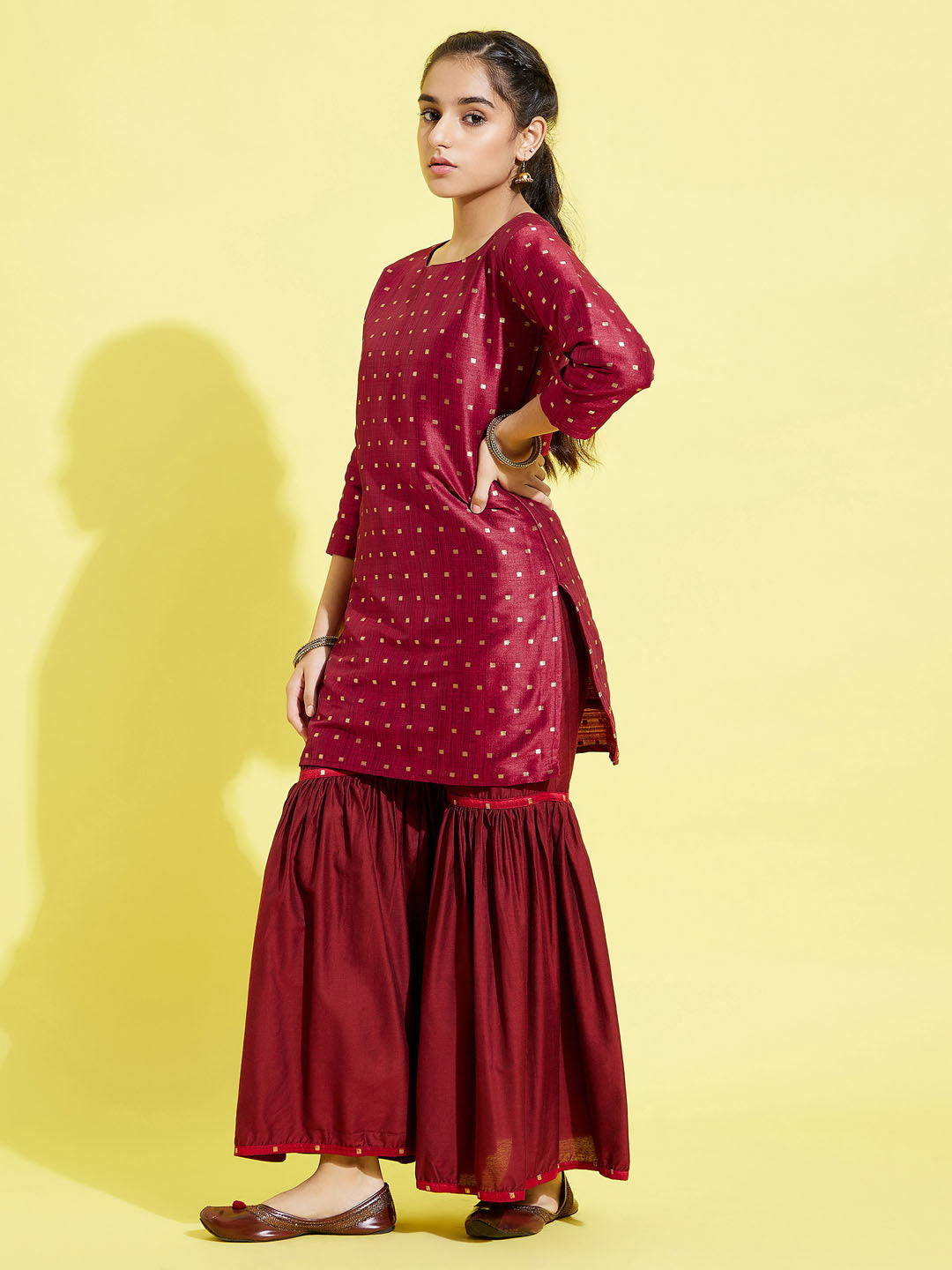 VASTRAMAY Girls' Maroon Zari Kurta And Sharara Set - qivii