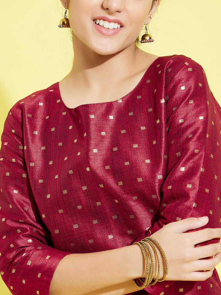 VASTRAMAY Girls' Maroon Zari Kurta And Sharara Set - qivii