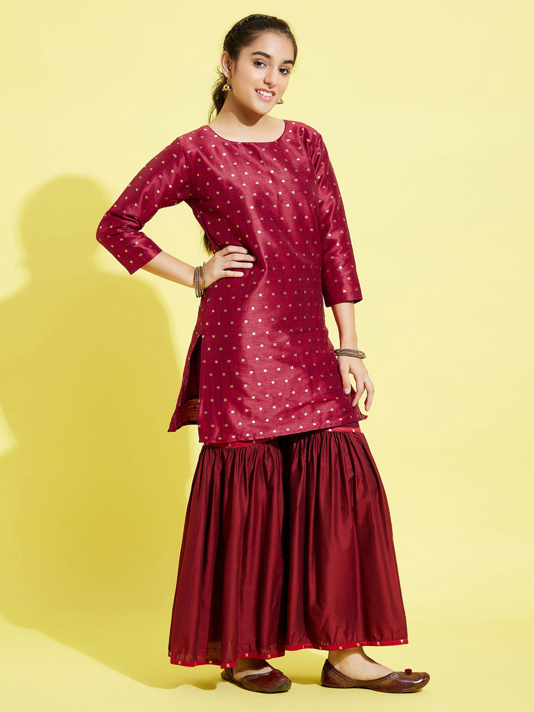 VASTRAMAY Girls' Maroon Zari Kurta And Sharara Set - qivii