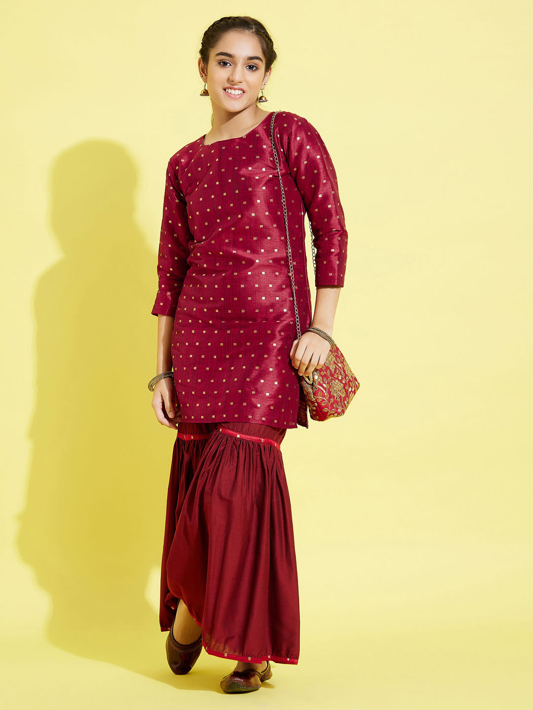 VASTRAMAY Girls' Maroon Zari Kurta And Sharara Set - qivii