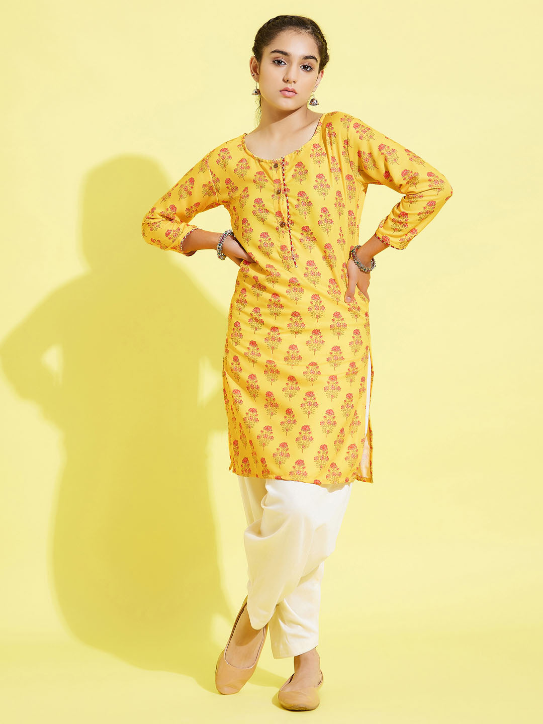 VASTRAMAY Girls' Mustard And Cream Printed Linen Kurta And Patiala Set - qivii