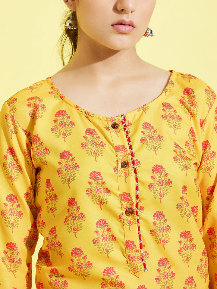VASTRAMAY Girls' Mustard And Cream Printed Linen Kurta And Patiala Set - qivii