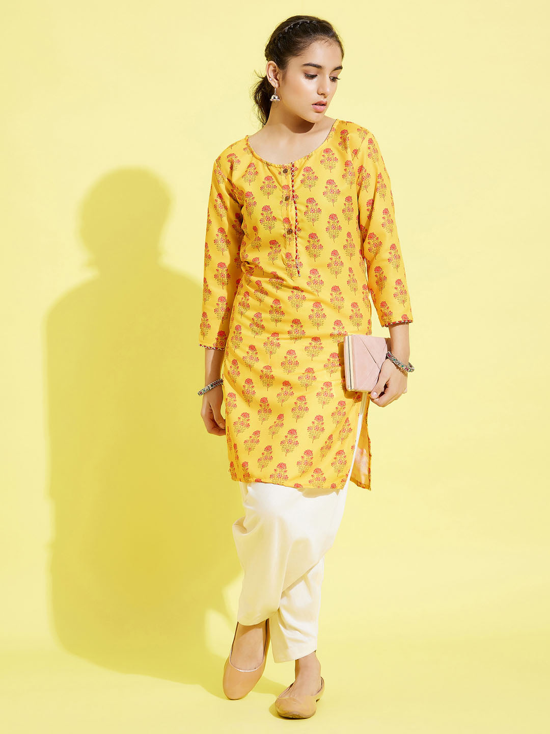 VASTRAMAY Girls' Mustard And Cream Printed Linen Kurta And Patiala Set - qivii