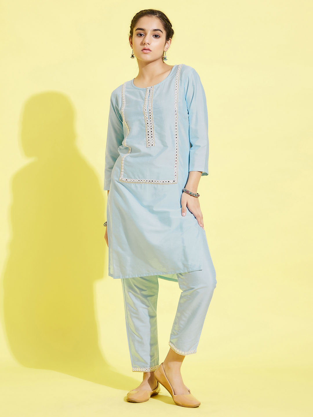 VASTRAMAY Girls' Aqua Viscose Kurta And Straight Pant Set - qivii
