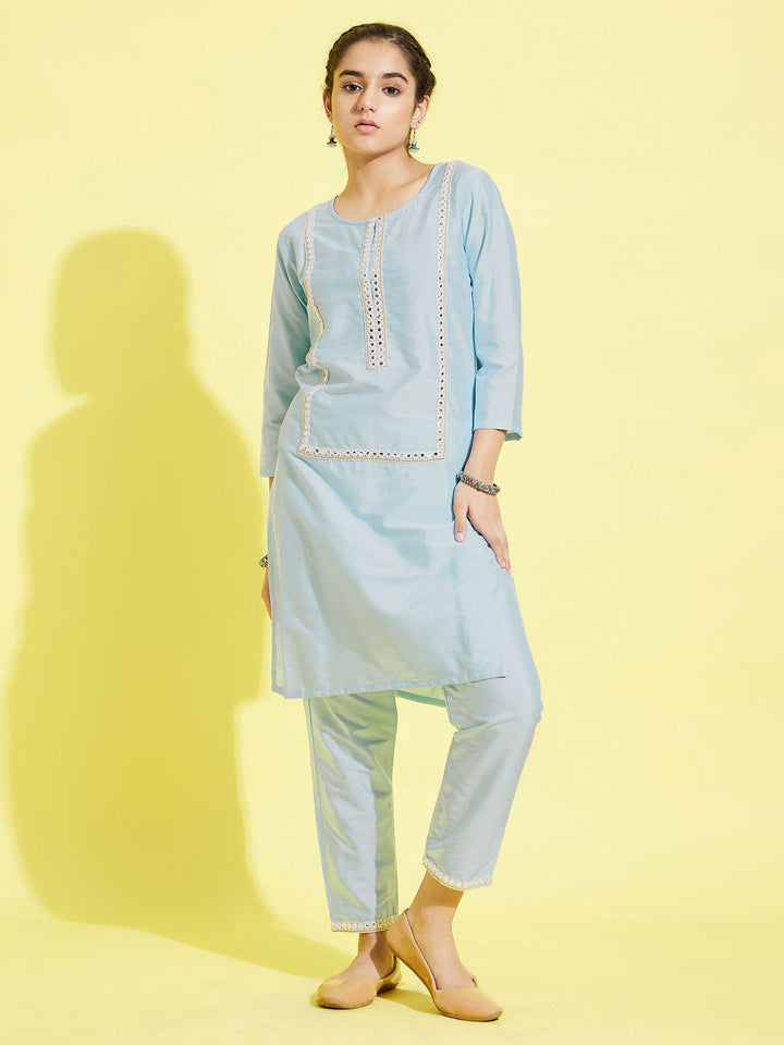 VASTRAMAY Girls' Aqua Viscose Kurta And Straight Pant Set - qivii