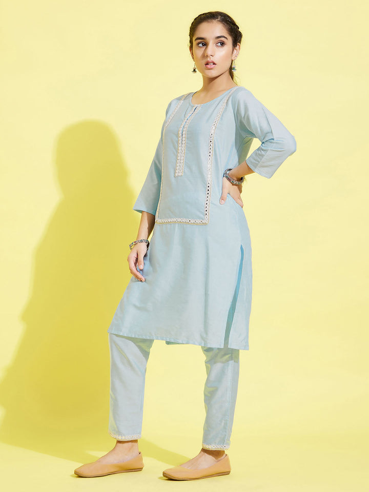 VASTRAMAY Girls' Aqua Viscose Kurta And Straight Pant Set - qivii