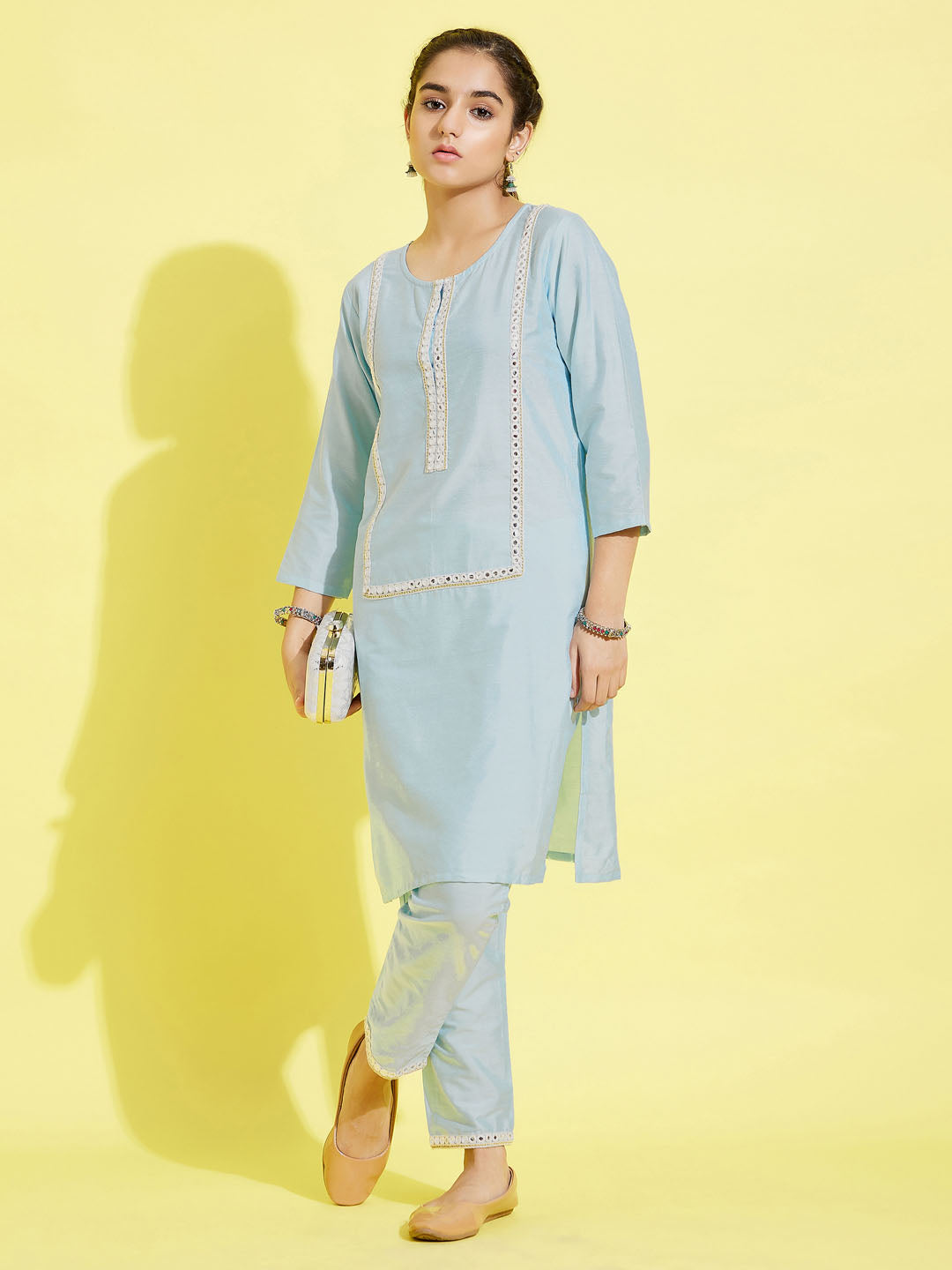 VASTRAMAY Girls' Aqua Viscose Kurta And Straight Pant Set - qivii