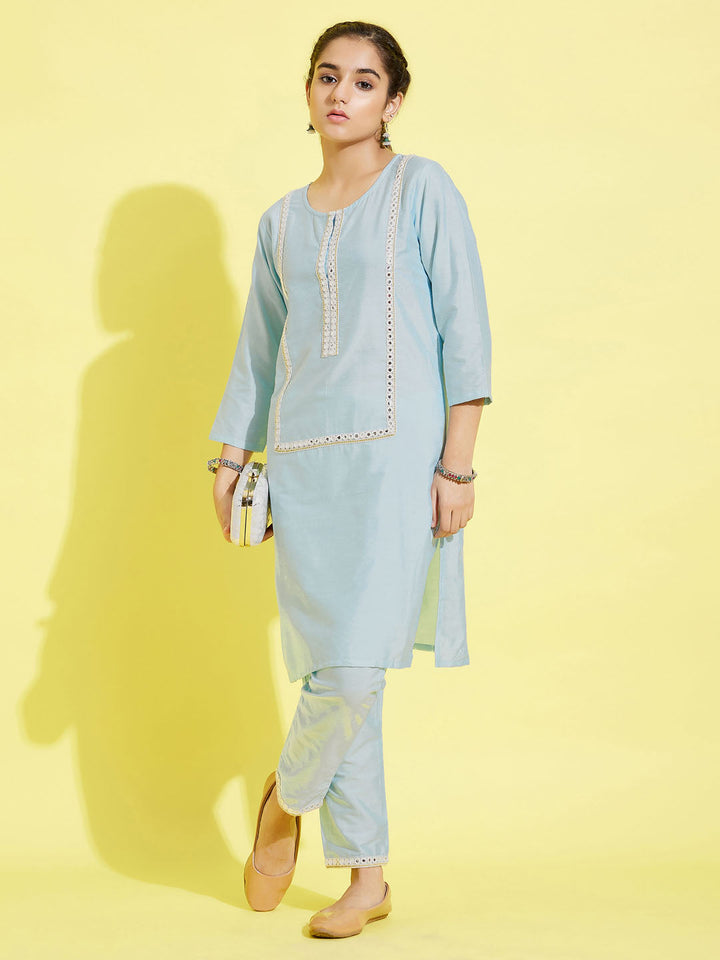 VASTRAMAY Girls' Aqua Viscose Kurta And Straight Pant Set - qivii
