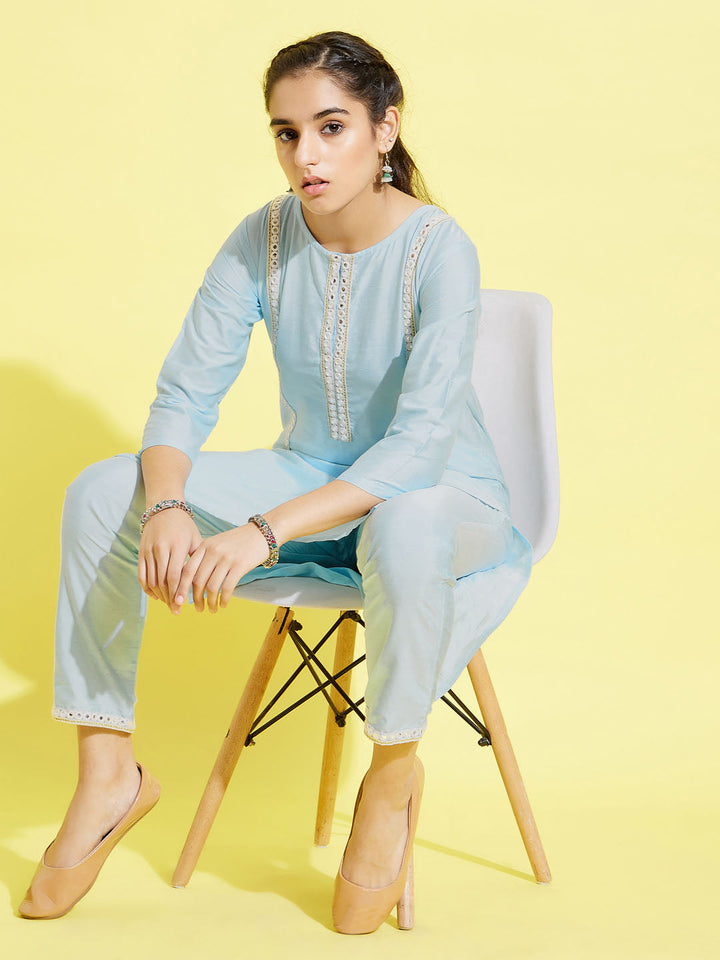 VASTRAMAY Girls' Aqua Viscose Kurta And Straight Pant Set - qivii