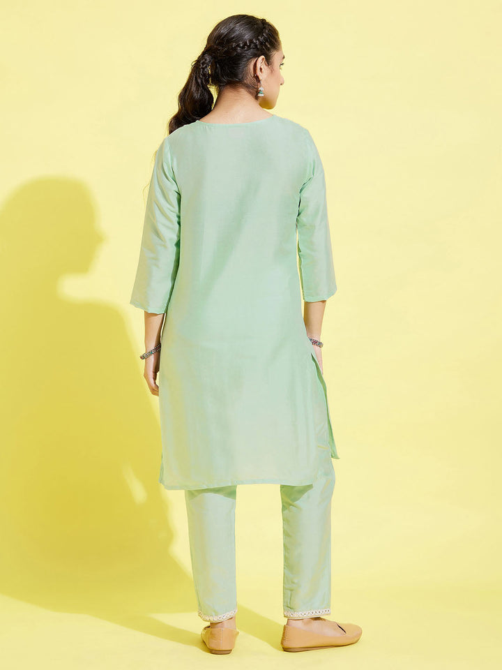 VASTRAMAY Girls' Mint Green Viscose Kurta And Straight Pant Set - qivii