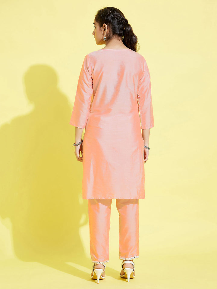 VASTRAMAY Girls' Pink Viscose Kurta And Straight Pant Set - qivii