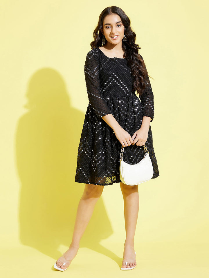 VASTRAMAY Girl's Black  Mirror Kurta - qivii