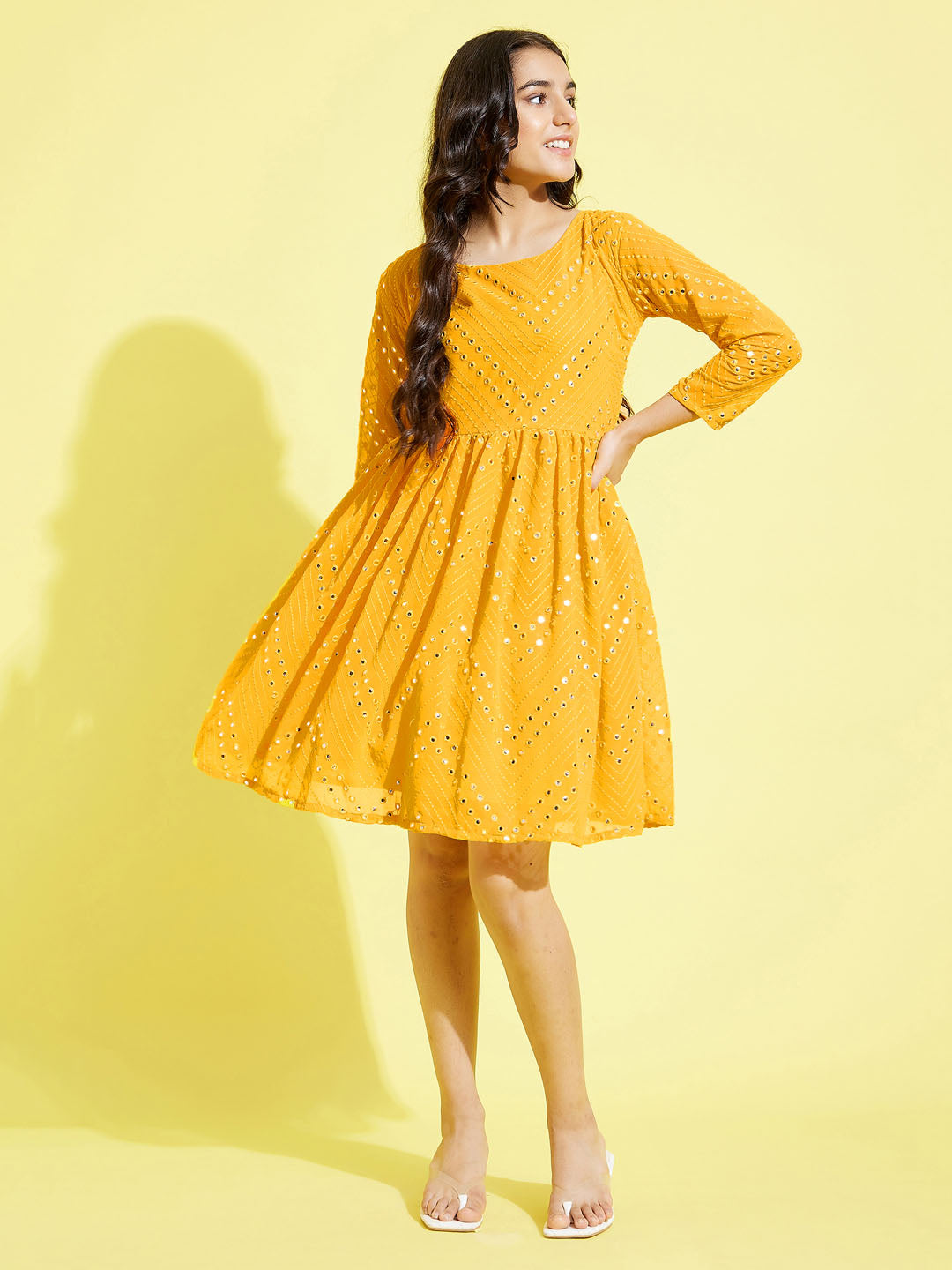 YUVA BY VASTRAMAY Girl's Yellow  Mirror Kurta - qivii