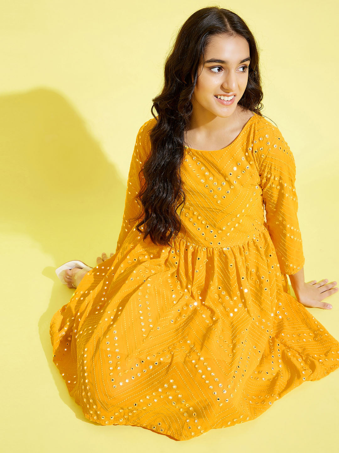YUVA BY VASTRAMAY Girl's Yellow  Mirror Kurta - qivii