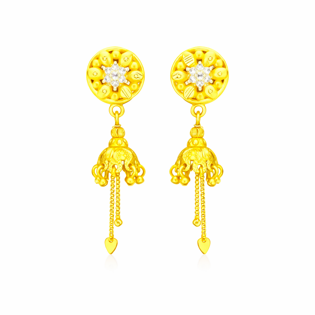 Elegant Floral Round Stud Jhumka Earrings with Chain Drops