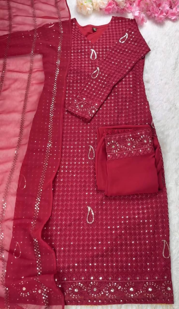 MAROON FAUX GEORGEET WITH EMBROIDERY SEQUENCE DESIGN WORK SALWAR SUIT - INSPIRED - qivii