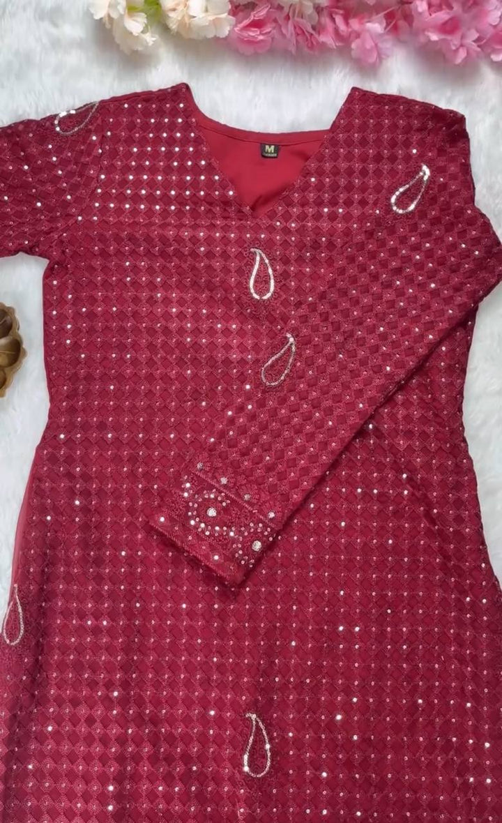 MAROON FAUX GEORGEET WITH EMBROIDERY SEQUENCE DESIGN WORK SALWAR SUIT - INSPIRED - qivii