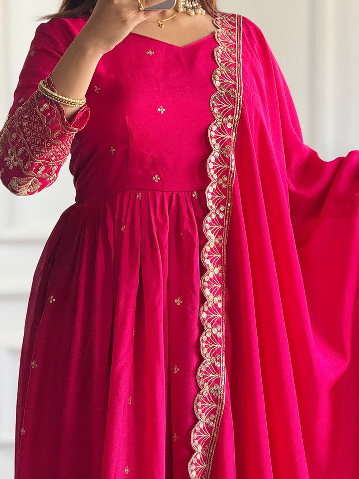 PINK BLOOMING VICHITRA SILK  WITH EMBROIDERY SEQUENCE DESIGN WORK ANARKALI SUIT - qivii